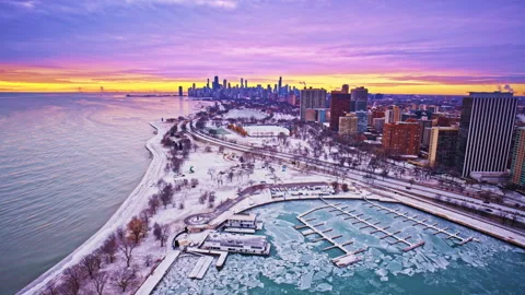 Aerial winter dawn capture of the iconic Loop skyline. Stock Footage 331681118