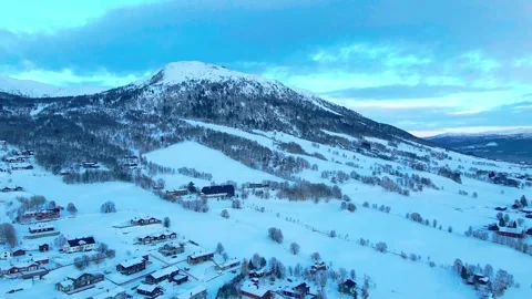 Aerial Winter Landscape of More og Romsdal, Norway,  Snowy Mountains and Village Stock Footage 315470801