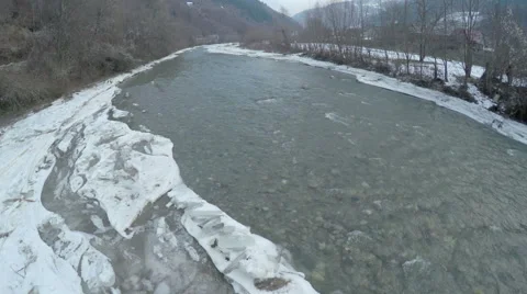 Aerial winter scene of a river flight Stock Footage 45809993