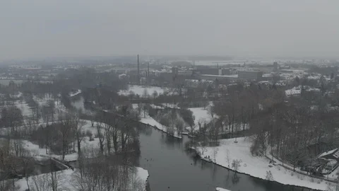 Aerial of winter scene with a river Stock Footage