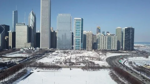 Aerial winter shot of Millenium park in Chicagon v2 Stock Footage 100600075