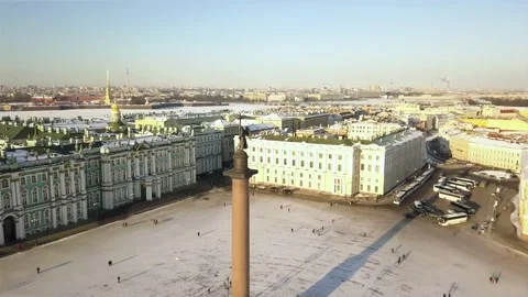 Aerial winter view of Alexander Column Angel, Palace Square, St Petersburg Stock Footage 143167227