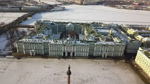 Aerial winter view of Alexander Column and frozen Neva river, St Petersburg Stock Footage 143167333
