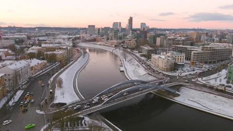 Aerial winter view of Neris river and Mindaugas bridge. Vilnius, Lithuania. 스톡 동영상 319645166