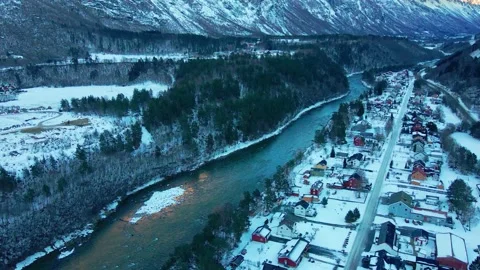 Aerial Winter View of Oppdal Town and Driva River, Norway Stock Footage 315739124