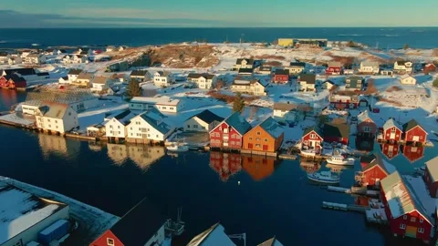 Aerial Winter View of Picturesque Norwegian Fishing Village in Lofoten Stock Footage 315744269