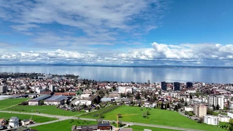 Aerial winter view of Rorschach with Lake Constance blue sky and fair weath.. Stock Footage 323698300