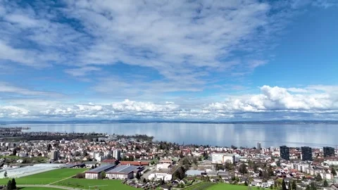 Aerial winter view of Rorschach with Lake Constance blue sky and fair weath.. Stock Footage 323698301