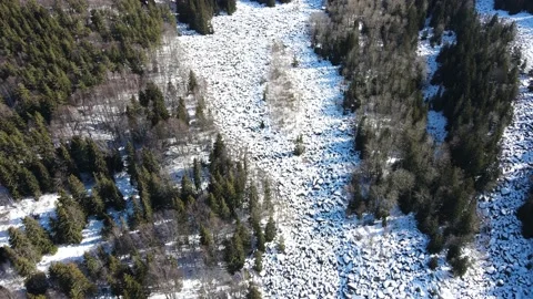 Aerial winter view of Stone river Zlatnite Mostove at Vitosha Mountain, Bulgaria Stock Footage 157266477
