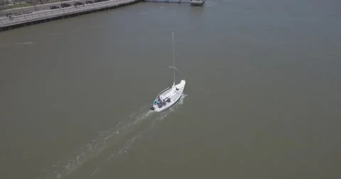 Aerial wrap around the boat on Hudson River panning Stock Footage
