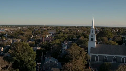 Aerial Wrap Around of The First Congregational Church on Nantucket Stock Footage 87305543