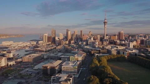 Aerial: Wynyard quarter looking towards Auckland city, New Zealand Stock-Footage 166344990