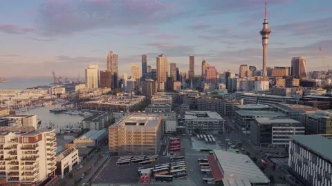 Aerial: Wynyard quarter looking towards Auckland city, New Zealand Stock Footage 166345210