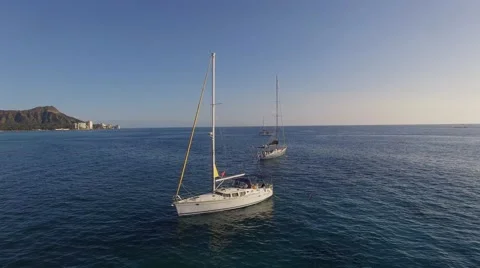 Aerial yachts, boat  on the background of Honolulu Stock Footage 59115181
