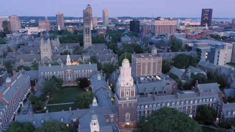 Aerial: Yale University campus at sunset. New Haven, Connecticut, US Stock Footage