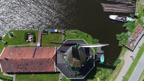 Aerial Zaanse Schans top-down view above the well-preserved historic windmills Stock Footage 80235898