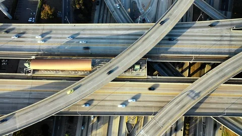 Aerial Zoom-Busy Multi-Layered Bridges On Sunny Day in Los Angeles, United Stock Footage 107185006