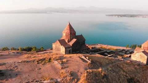 Aerial zoom out view Sevanavank armenian monastery complex in Sevan city with Stock-Footage 164446733