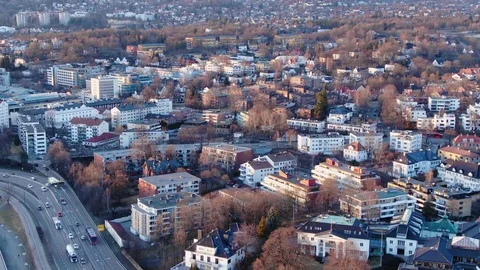 Aerial zoomed in close up look on e18 highway and Fronger area in Oslo, Norway Stock Footage 105247211