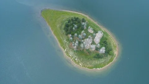 Aerial,4k view of unique small lake island with white trees in Bulgaria Stock Footage 112056867