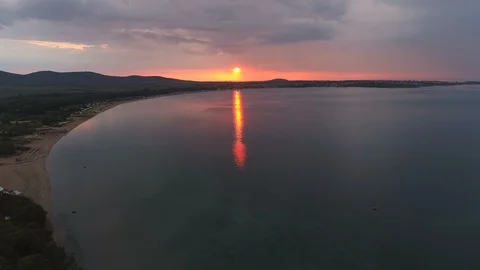Aerial,drone shot,Red sunset and reflection on water, in Sozopol,Black s Stock Footage 109289152