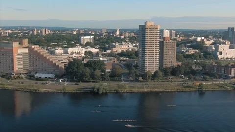 Aerial:Rowing on the Charles River alongside MIT. Boston, Massachusetts, USA Stock-Footage 121024331