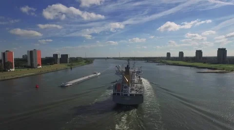 Aerials big ship at speed tracking over river Stock Footage 57315562