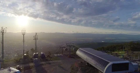 Aerials. Cable car at sunset. Stock Footage 80110573