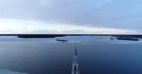 Aerials. Flooded Belfry. Stock Footage 73820163