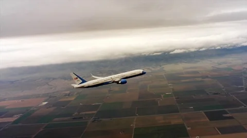 Aerials of the U.S. Air Force Air Mobility Command C32 in flight. Stock Footage 74797448