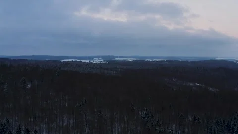 Aerials of Winter Forest Landscape with Wind Turbines on the Horizon Stock Footage 331164103
