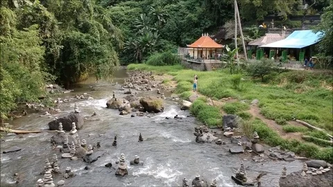 Aerial/top view of river, stream, lake, waterfall, running water, stones, rocks Stock Footage 84050175