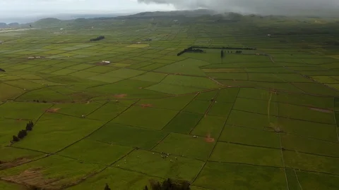 Aerila of patchwork farm fields. Green valley Serra do Cume, Terceira island Stock Footage 121270777