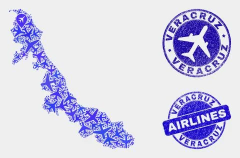 Aero Collage Vector Veracruz State Map and Grunge Seals Stock Illustration