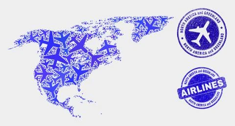 Aero Composition Vector North America and Greenland Map and Grunge Seals Stock Illustration