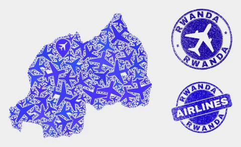 Aero Composition Vector Rwanda Map and Grunge Seals 스톡 일러스트