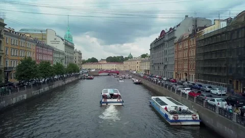 Aero frame over the river in St. Petersburg, a boat is floating on the river Stock Footage 191028916
