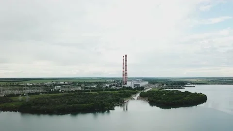Aero, lake, power plant, nature, pipes, pollution, energy Stock Footage