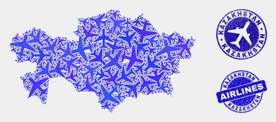 Aero Mosaic Vector Kazakhstan Map and Grunge Stamps Stock Illustration