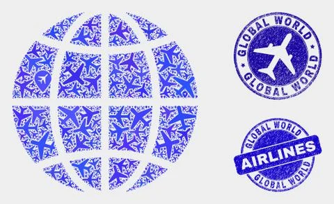 Aero Mosaic Vector Planet Globe and Grunge Seals Stock Illustration