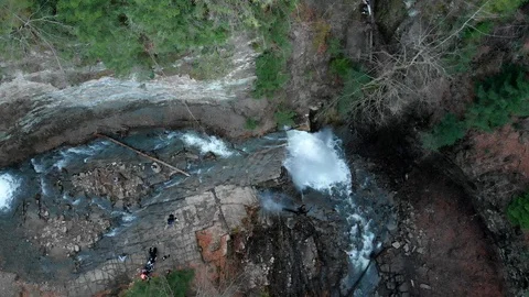 Aero view to the waterfall at forest Stock Footage 88397553