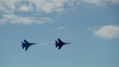 Aerobatic group "Russian Knights" on two Su-27 aircraft performs aerobatics. Stock Footage 147725561
