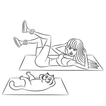 Aerobics with the cat exercises lying down Stock Illustration