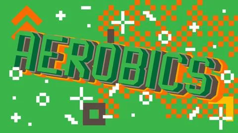 Aerobics pixelated word with geometric graphic background. Vector cartoon ill Ilustración de archivo