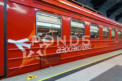 Aeroexpress logo on the train at Kievskiy station Stock Photos