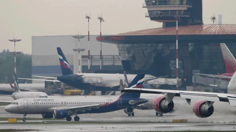 Aeroflot, queue of flights for departure Stock Footage 298830269