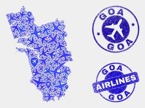 Aeroplane Collage Vector Goa State Map and Grunge Seals Stock Illustration