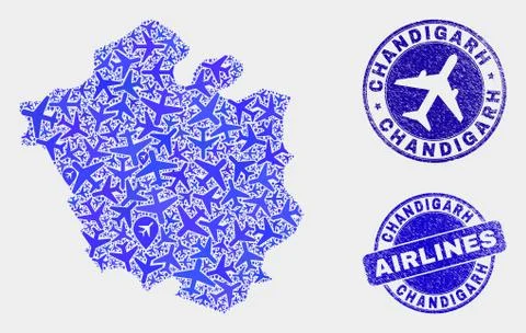 Aeroplane Composition Vector Chandigarh City Map and Grunge Seals Illustrazione stock