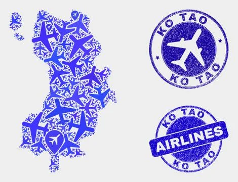 Aeroplane Composition Vector Ko Tao Map and Grunge Stamps Stock Illustration
