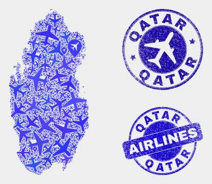 Aeroplane Composition Vector Qatar Map and Grunge Stamps Stock Illustration